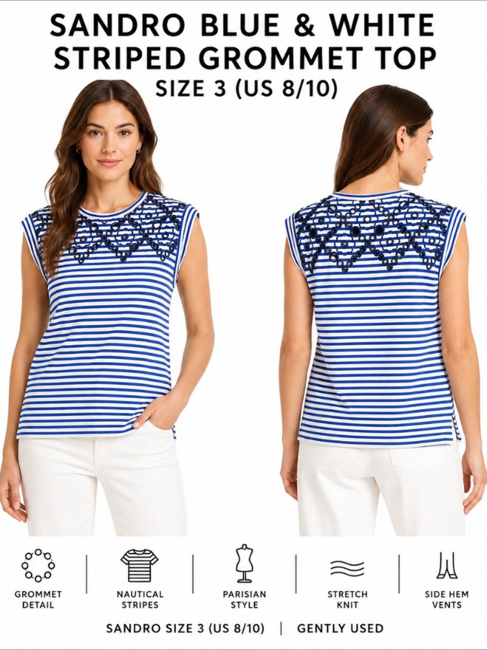SANDRO BLUE & WHITE STRIPED GROMMET TOP SIZE 3 / US Aprox 8